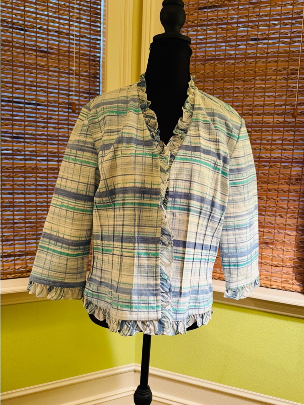 St. John Sport by Marie Gray Cream, Blue & Teal Plaid Fringe-Trim Jacket